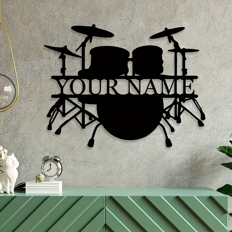 Musical Instrument With Name - ป้ายโลหะติดผนังรูปชุดกลองแบบกำหนดเอง พร้อมชื่อหรือข้อความ รูปเงาเครื่องดนตรีวงร็อค ของขวัญสุดพิเศษสำหรับมือกลองและคนรักดนตรี