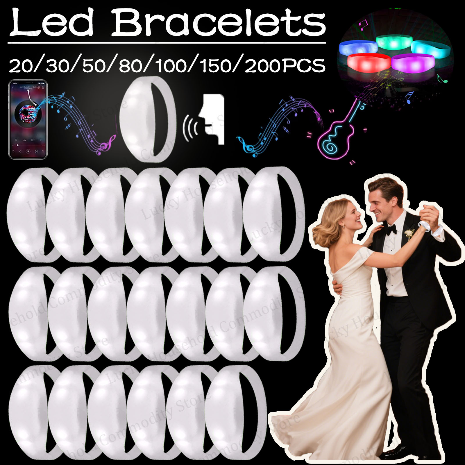 Musical Instrument Jewelry - 20-100 ชิ้น กำไลข้อมือ LED แบบเรืองแสง ตอบสนองต่อเสียงเพลง