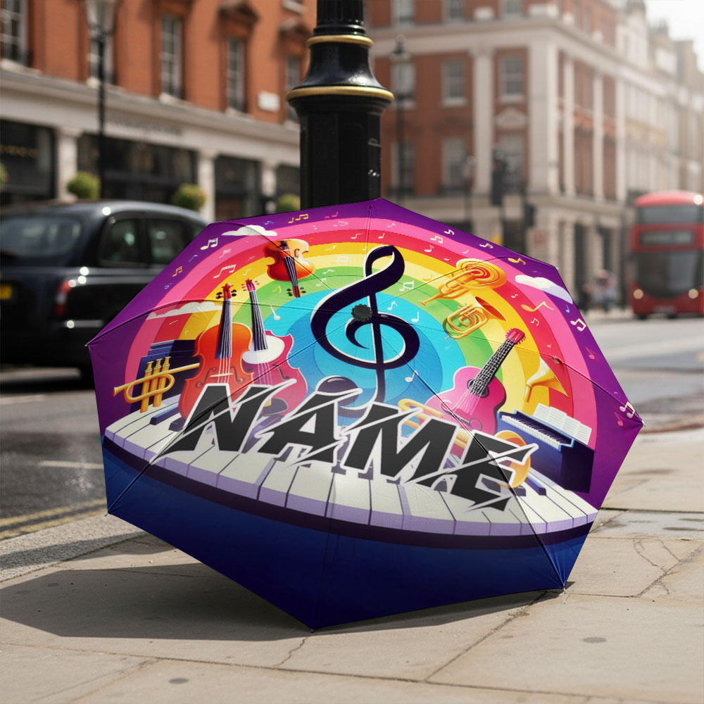 Musical Instrument With Name - ร่มพับลายชื่อสั่งทำพิเศษ, ร่มธีมดนตรีพร้อมลายเครื่องดนตรีสีสันสดใส, ร่มพับแฟชั่นสำหรับใช้ในชีวิตประจำวัน, ของขวัญ